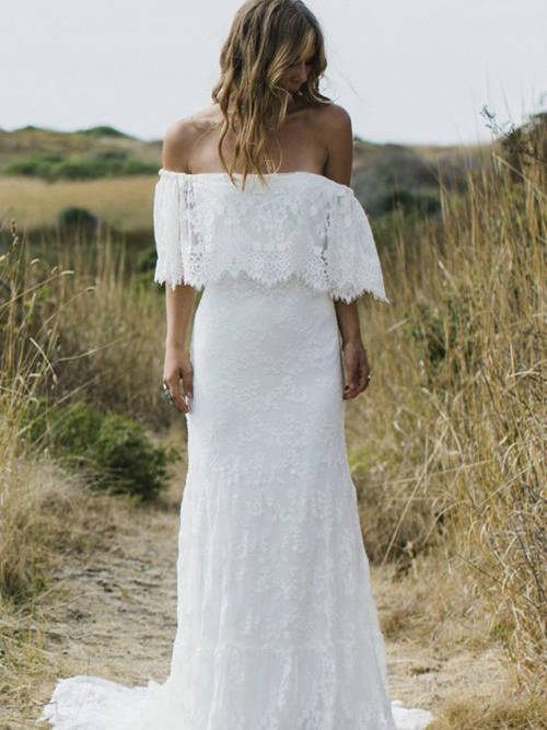 Sheath Off Shoulder Sweep Train Lace Beach Wedding Dress
