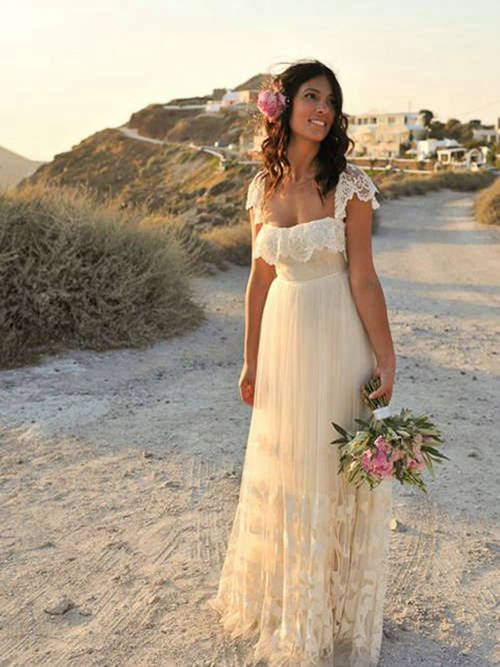 A-line Straps Floor Length Tulle Beach Wedding Dress