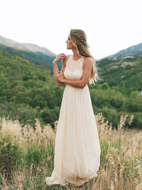 A-line Jewel Floor Length Chiffon Beach Bridal Dress