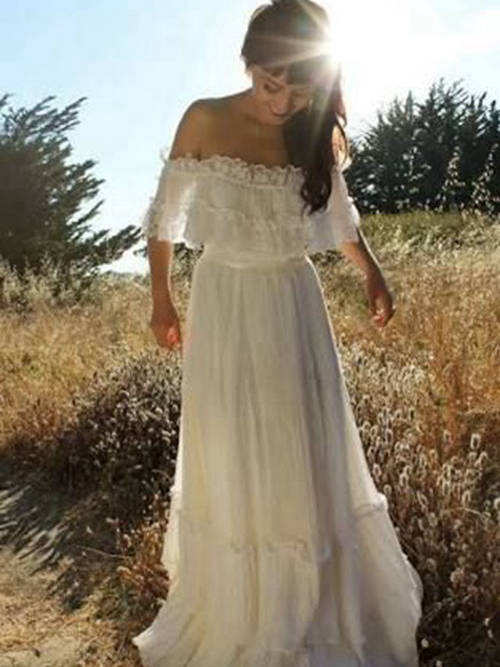 A-line Off Shoulder Floor Length Chiffon Lace Bridal Wear