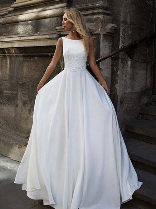 A-line Bateau Floor Length Chiffon Beach Wedding Dress