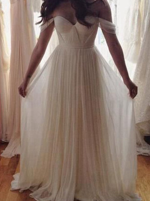 A-line Off Shoulder Sweep Train Chiffon Wedding Dress