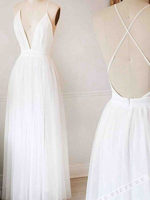 A-line V Neck Floor Length Chiffon Beach Wedding Dress