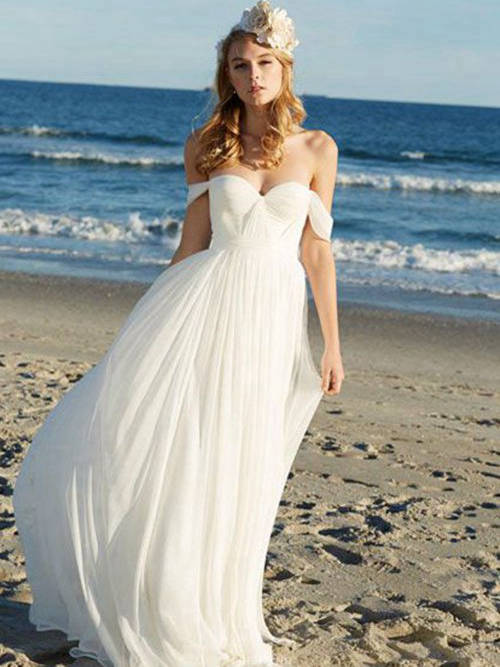 Sheath Off Shoulder Floor Length Chiffon Beach Bridal Gown