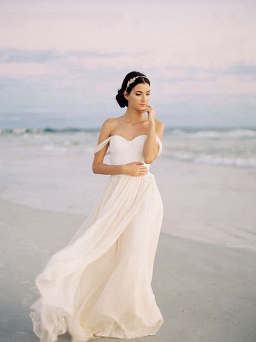 A-line Off Shoulder Floor Length Chiffon Beach Wedding Dress