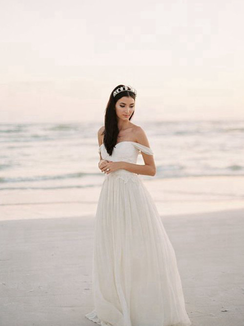 A-line Off Shoulder Floor Length Chiffon Beach Wedding Gown