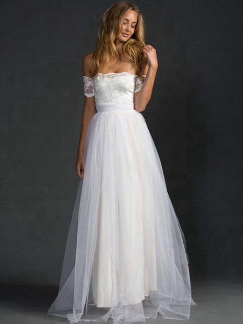 A-line Off Shoulder Floor Length Tulle Beach Bridal Gown