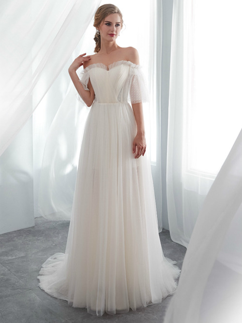 A-line Off Shoulder Tulle Beach Bridal Gown