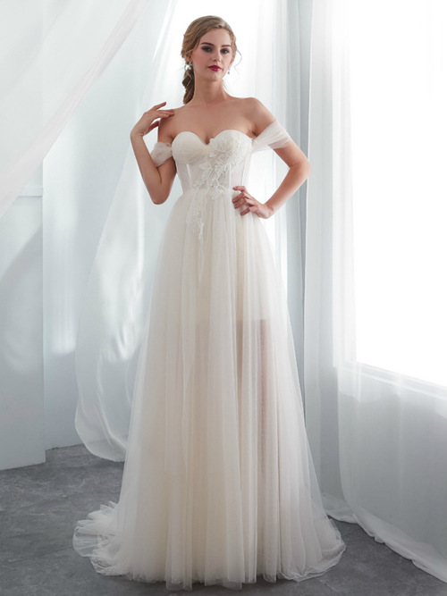 A-line Off Shoulder Tulle Beach Bridal Wear Applique
