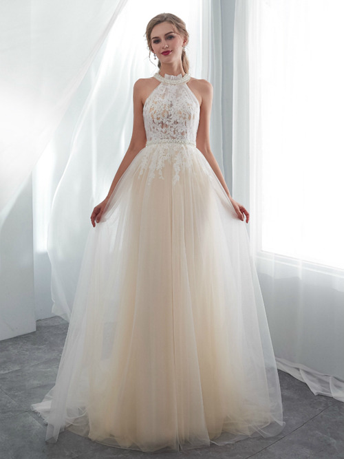 A-line Halter Lace Tulle Beach Wedding Gown Pearls