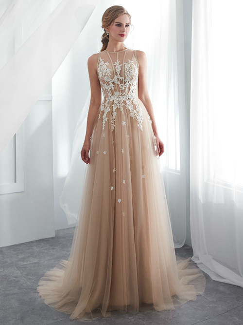 A-line Sheer Tulle Champagne Beach Wedding Wear Applique