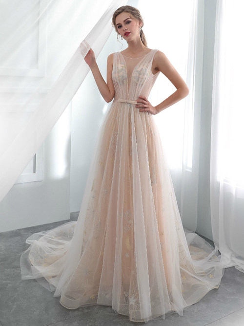 A-line Sheer Tulle Floral Beach Wedding Gown