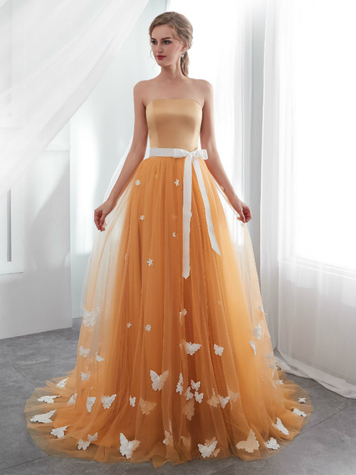 A-line Strapless Satin Tulle Orange Beach Wedding Gown Appliques