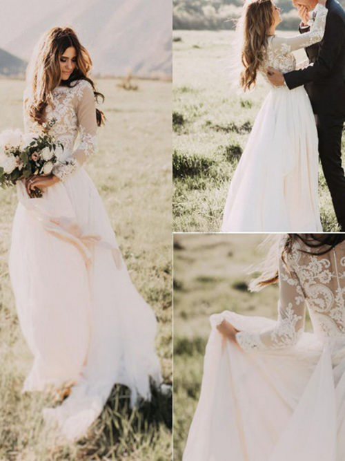 A-line Chiffon Lace Sleeves Beach Wedding Gown