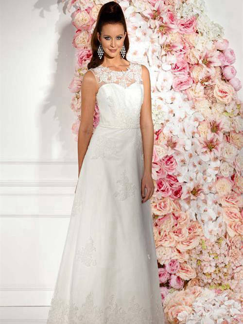 A-line Jewel Floor Length Lace Wedding Dress