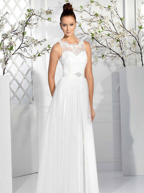 A-line Sheer Neck Floor Length Chiffon Wedding Dress With Lace
