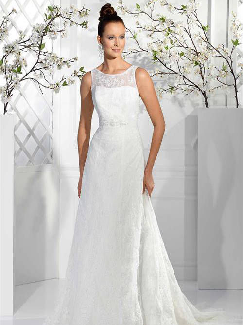 A-line Sheer Neck Brush Train Lace Wedding Gown
