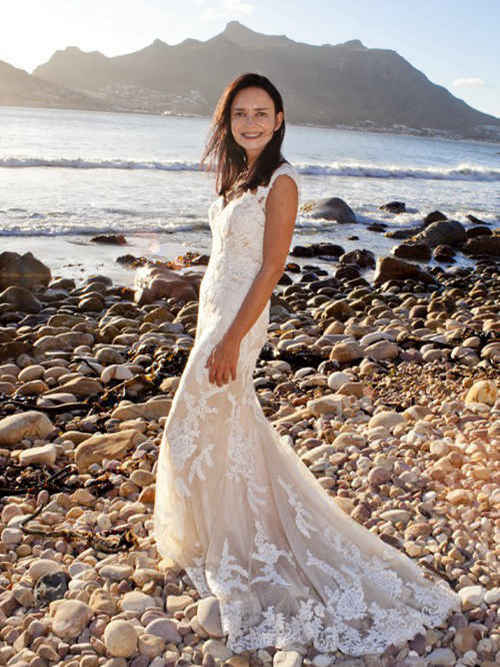 Sheath Straps Court Train Lace Bridal Dress