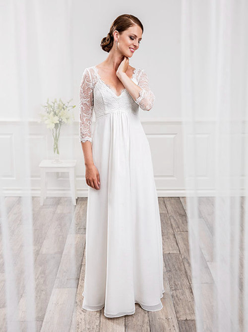 A-line V Neck Floor Length Chiffon 3/4 Sleeves Wedding Dress