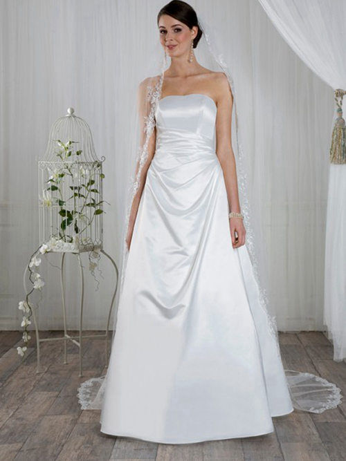 Elegant A-line Strapless Brush Train Satin Bridal Gown