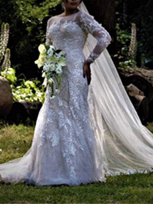 Mermaid Sheer Neck Chapel Train Lace Bridal Gown