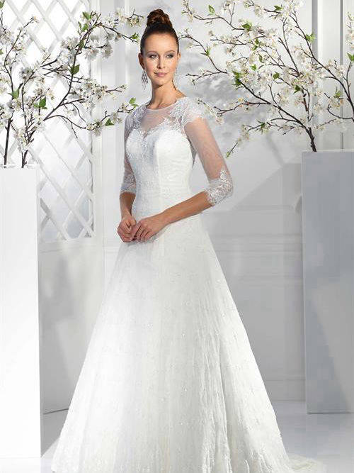 A-line Sheer Neck Sweep Train Lace Bridal Wear