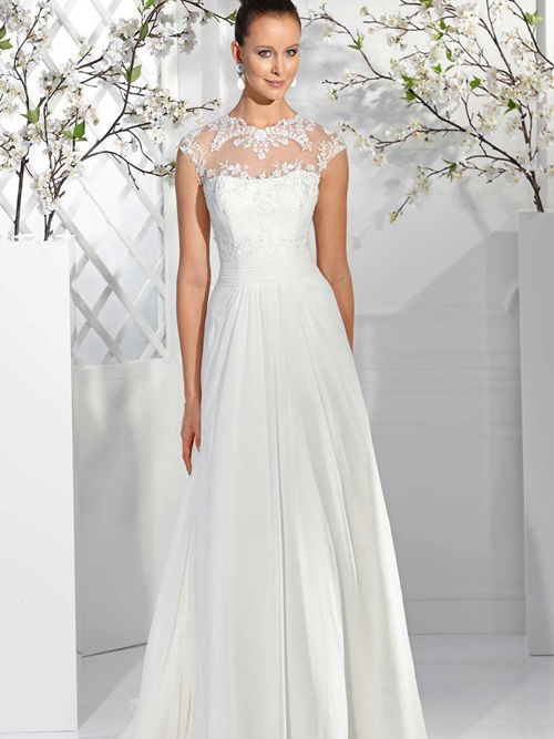 A-line Sheer Neck Floor Length Chiffon Bridal Wear