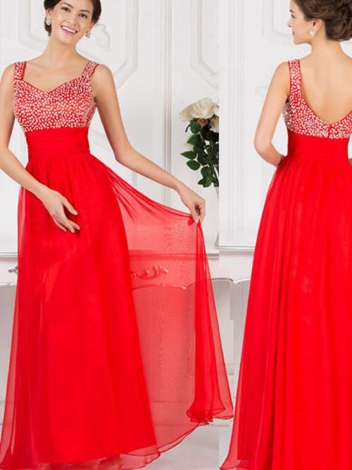 A-line Straps Floor Length Chiffon Beading Red Bridesmaid Dress