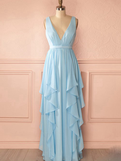 A-line V Neck Floor Length Chiffon Bridesmaid Gown