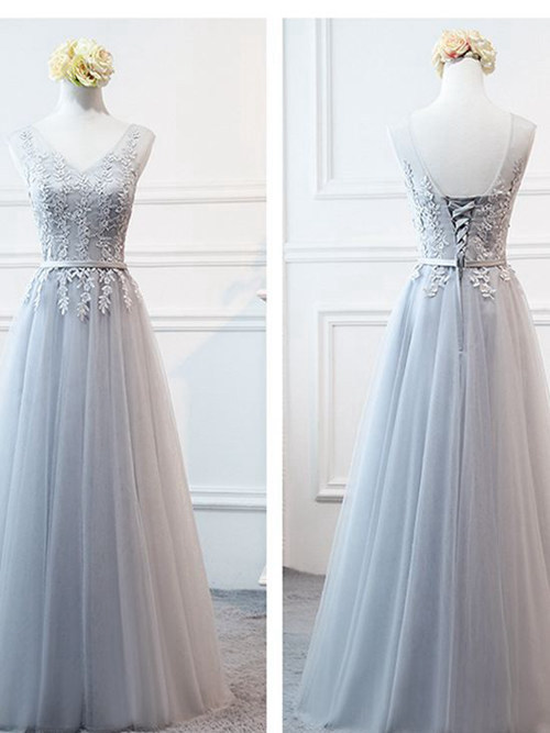 A-line V Neck Tulle Bridesmaid Dress Applique