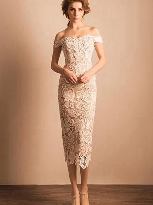 Sheath Off Shoulder Lace Bridesmaid Dress