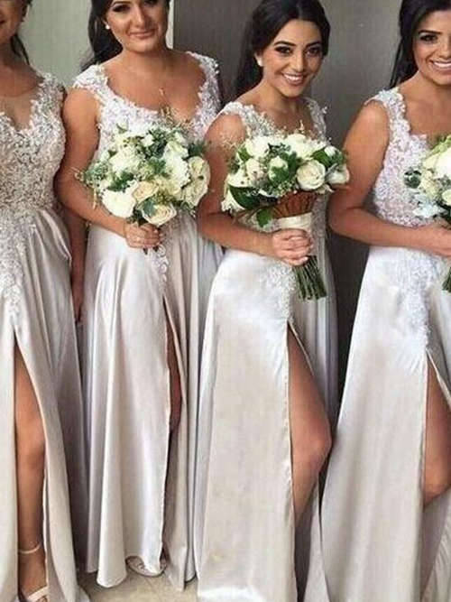 A-line V Neck Chiffon Applique Bridesmaid Dresses