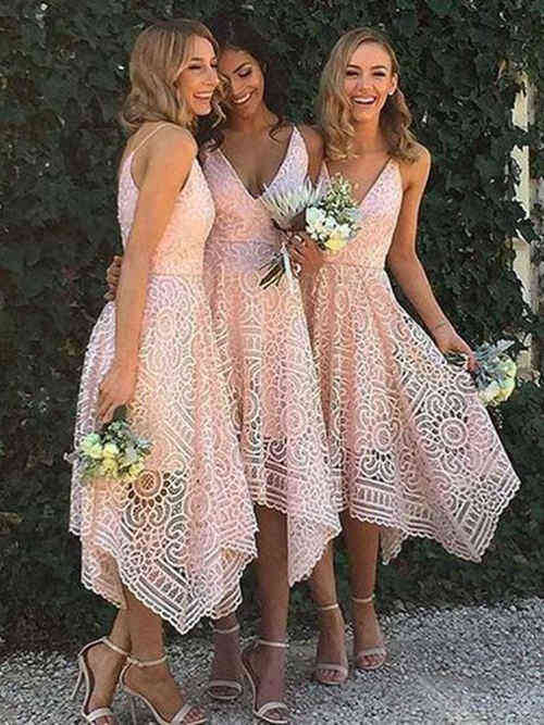 A-line V Neck Tea Length Lace Bridesmaid Dresses