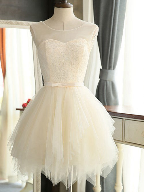 A-line Sheer Tulle Short Bridesmaid Dress