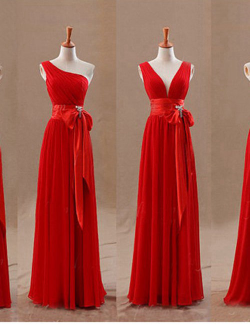 A-line Floor Length Chiffon Red Bridesmaid Dresses