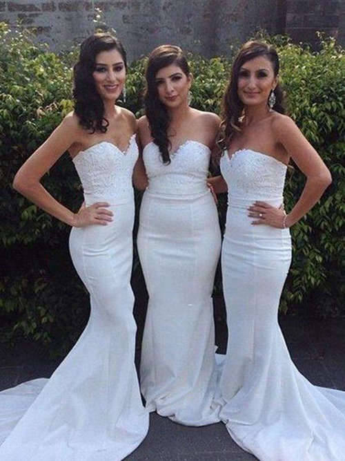 Mermaid Sweetheart Lace Satin White Bridesmaid Dresses