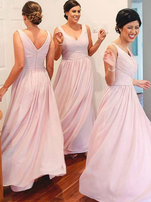 A-line V Neck Chiffon Pink Bridesmaid Dresses