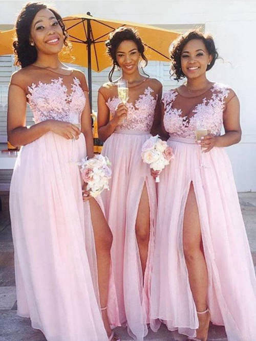 A-line Sheer Lace Chiffon Bridesmaid Dresses