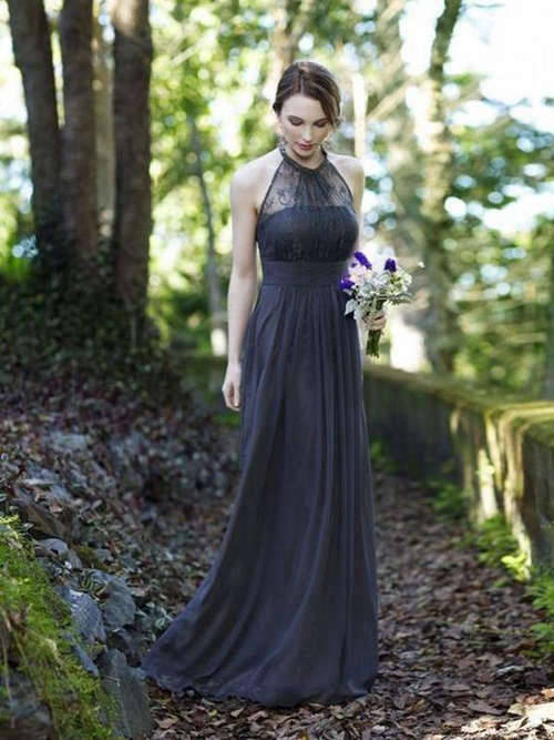 A-line Halter Chiffon Lace Bridesmaid Gown