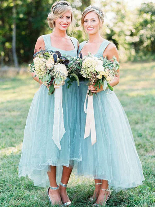 A-line Straps Tulle Light Blue Bridesmaid Dresses
