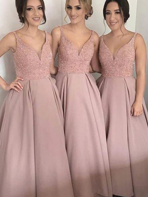 A-line Straps Satin Bridesmaid Dresses Sequins