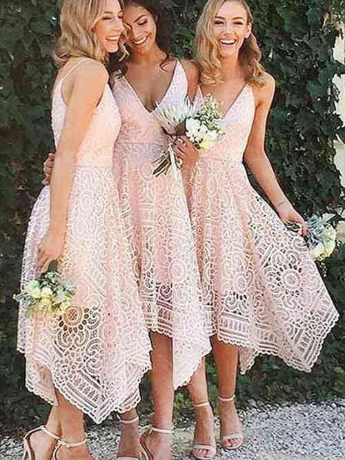 A-line V Neck High Low Lace Bridesmaid Dresses