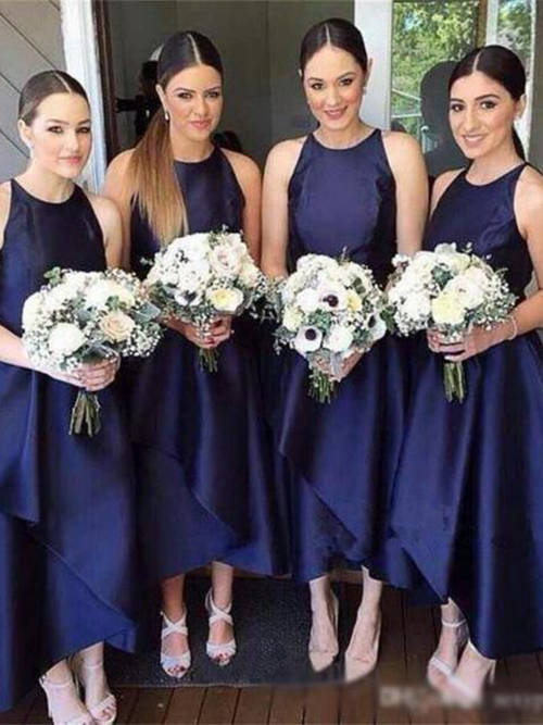 A-line Jewel Satin Navy Blue Bridesmaid Dresses