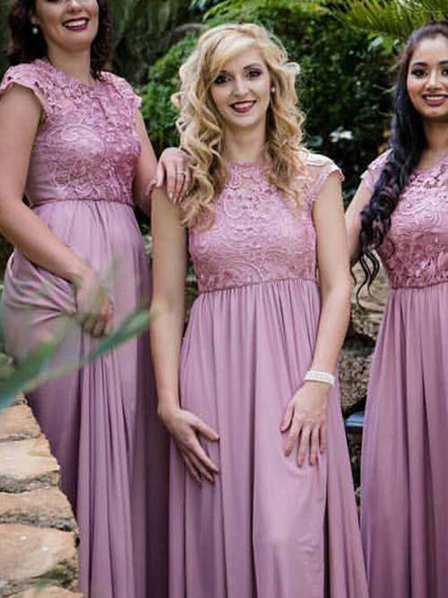 A-line Jewel Lace Satin Bridesmaid Dresses