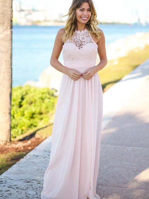 A-line Jewel Lace Chiffon Bridesmaid Dress