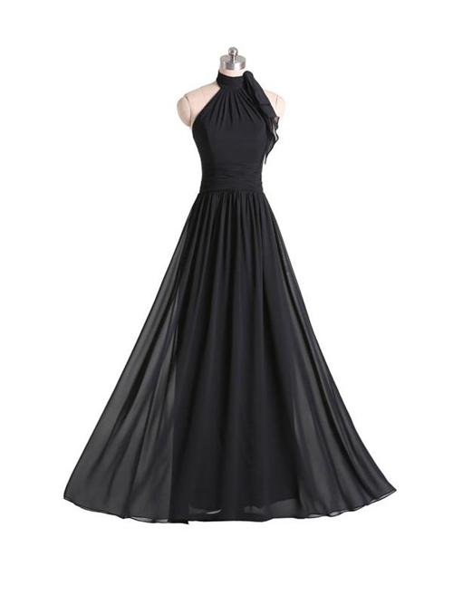 A-line High Neck Chiffon Black Bridesmaid Dress