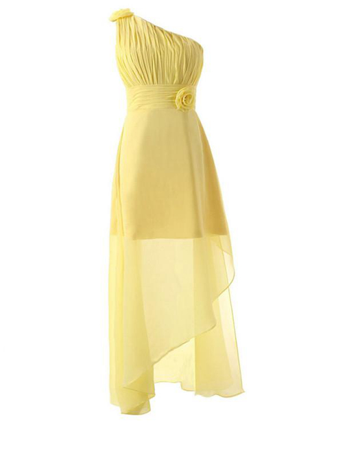 A-line One Shoulder Chiffon Yellow Bridesmaid Dress Flower