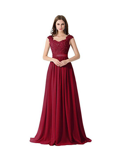 A-line Straps Chiffon Lace Burgundy Bridesmaid Dress