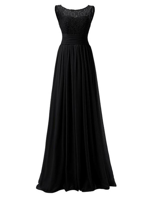 A-line Scoop Lace Chiffon Black Bridesmaid Dress