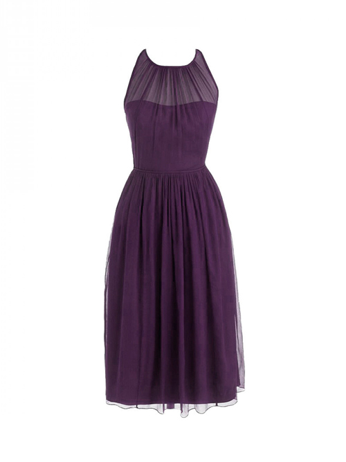 A-line Scoop Tea Length Chiffon Purple Bridesmaid Dress